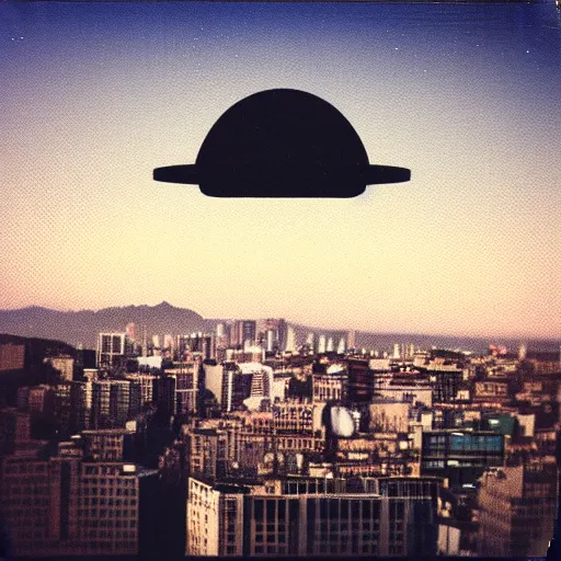 Prompt: a ufo flying over a city, distant!, blurry photo, old polaroid, expired film, historical photo,