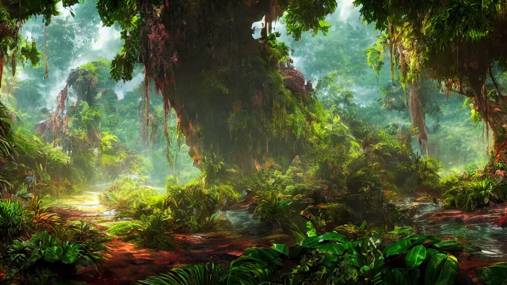 Image similar to tropical forest, fantasy artwork, very very very beautiful scenery, hd, hdr, ue5, ue6, unreal engine 5, cinematic 4k wallpaper, 8k, ultra detailed, high resolution, artstation, award winning