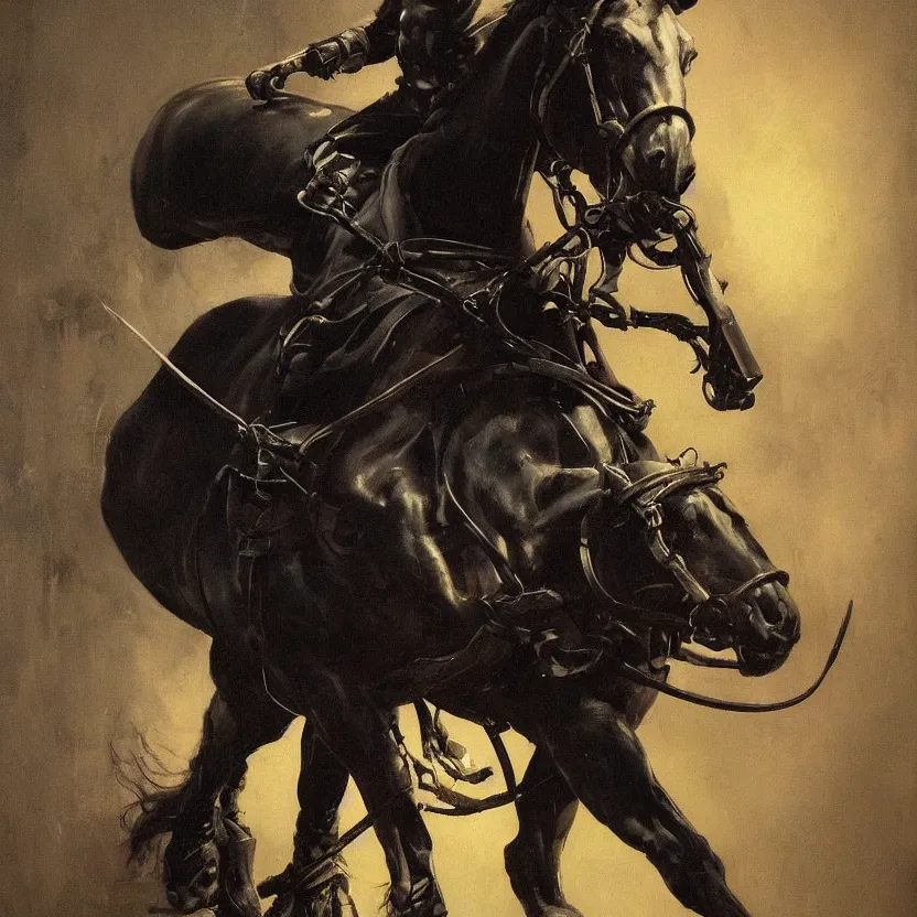 Prompt: neoclassicist close - up portrait of a horse rider. dark black halloween scene, glowing atmosphere. highly detailed science fiction horror painting by norman rockwell, frank frazetta, and syd mead. rich colors, high contrast, gloomy atmosphere. trending on artstation and behance.