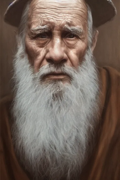 Prompt: a portrait of an old man with a solemn look and deep expression in his eyes, oil on canvas, highly detailed, strong lighting, cinematic, HD, 4K