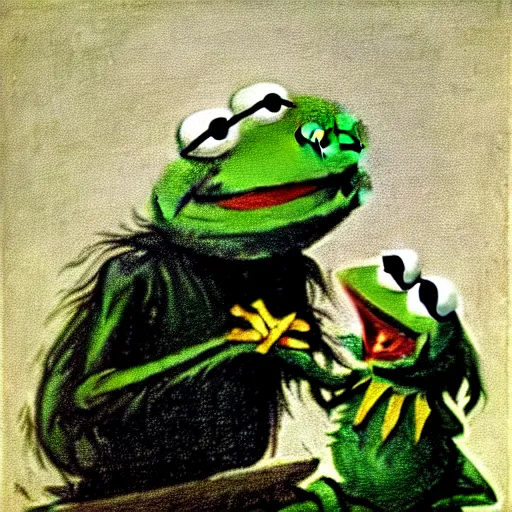 Image similar to “Kermit the Frog Devouring His Son” by Francisco Goya