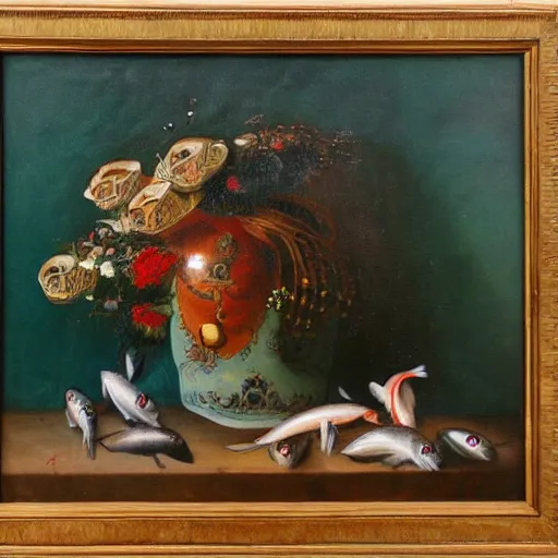 Image similar to a still life of a vase filled with dead fishes, oil painting