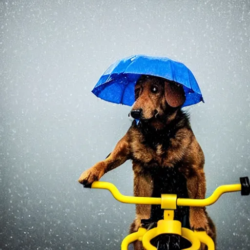 Image similar to a dog with a yellow hat riding a bike while raining