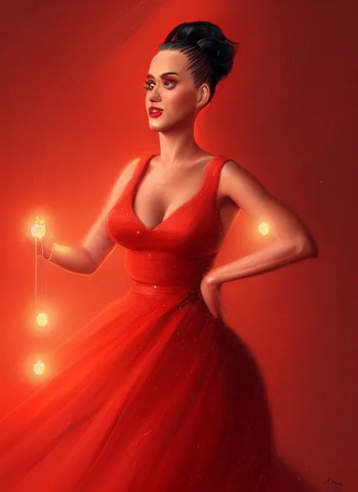 Image similar to portrait of katy perry in a red dress, intricate, elegant, glowing lights, highly detailed, digital painting, artstation, concept art, smooth, sharp focus, illustration, art by wlop, mars ravelo and greg rutkowski