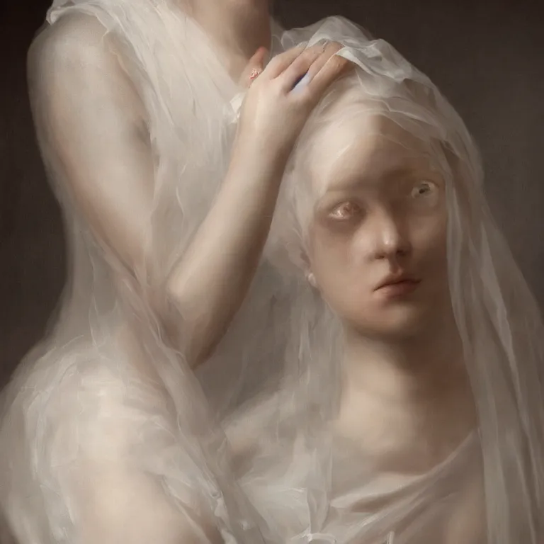 Prompt: hight focus of a wonderful realistic focused sweet wonderful symmetrical mid portrait of a lonely woman with a detailed wonderful, majestic, large semi transparent white cotton dress ornate with semi transparent cotton roses and semi transparent white veils, dramatic light, octane render, by roberto ferri style, - 8 k