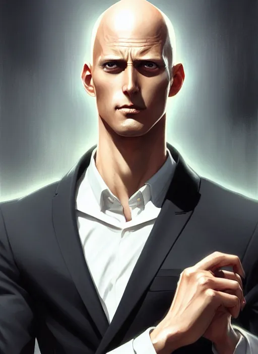 Image similar to ultra realistic illustration, handsome saitama. elegant, black suit, highly detailed, digital painting, artstation, concept art, smooth, sharp focus, illustration, art by artgerm and greg rutkowski and alphonse mucha and wlop