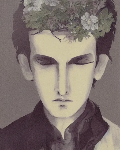 Image similar to a beautiful but sinister young man in layers of fear, with haunted eyes, wearing a linen shirt, 1 9 7 0 s, seventies, floral wallpaper, wilted flowers, a little blood, morning light showing injuries, delicate ex embellishments, painterly, offset printing technique