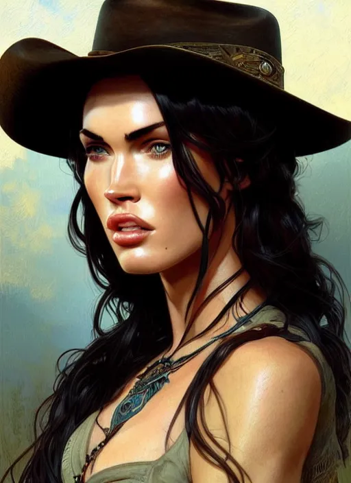 Prompt: portrait of megan fox as cowboy, 1 8 9 0, western, hat, colt, intricate, headshot, highly detailed, digital painting, artstation, concept art, sharp focus, cinematic lighting, illustration, art by artgerm and greg rutkowski, alphonse mucha, cgsociety