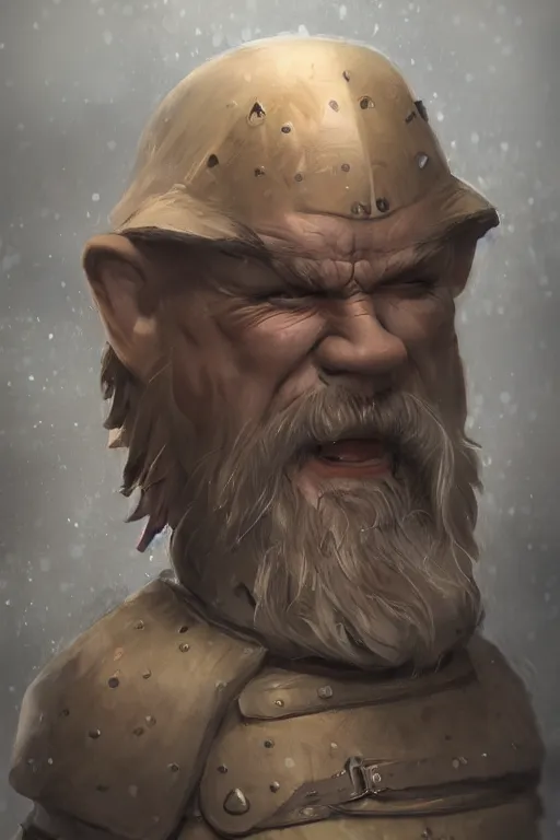 Image similar to 3 dwarfs in a raincoat, short, rough, armor focus on face, short hair, viking, still, photograph, digital painting, highly realistic, details, trending on artstation, masterpiece, fantasy, medieval