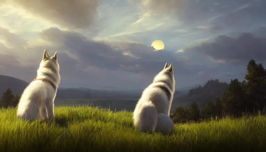 Image similar to back view of husky watching the sun sitting of the hill, clouds in the sky, hyperdetailed, artstation, cgsociety, 8 k
