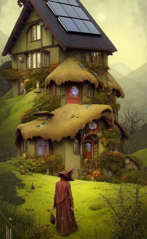 Image similar to a hyper realistic witchy cottage with solar panels on a tall hill, mountains, atmospheric lighting, lush foliage, painting by chiara bautista and tom bagshaw, mucha, beksinski and norman rockwell and greg rutkowski weta studio, and lucasfilm