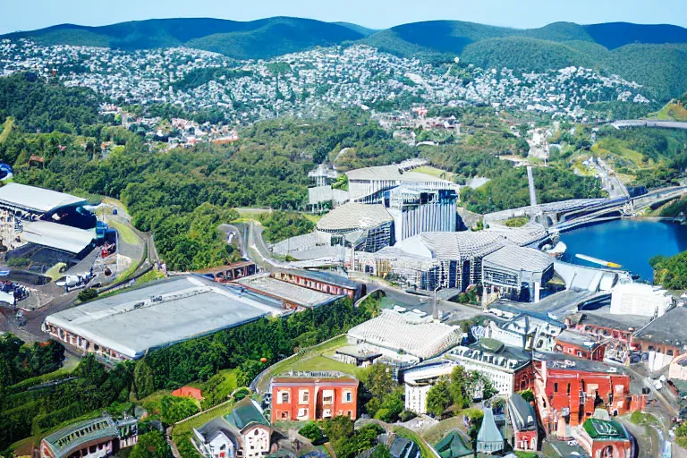 Image similar to bird's eye view photography of a small city. town hall, central farm, monorail station, beach and shipping dock. hills, woods and lake to the north.