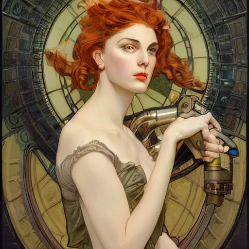 Prompt: a dieselpunk painting in the style of donato giancola, and in the style of charlie bowater, and in the style of alphonse mucha. symmetry, smooth, sharp focus, semi - realism, intricate detail.