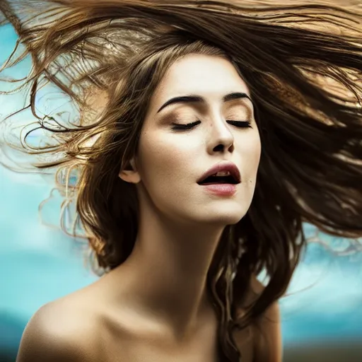Prompt: a happy beautiful woman's perfect face with long blue flowing hair blowing in the wind, photo - realistic, hdr 8 k diffused lighting