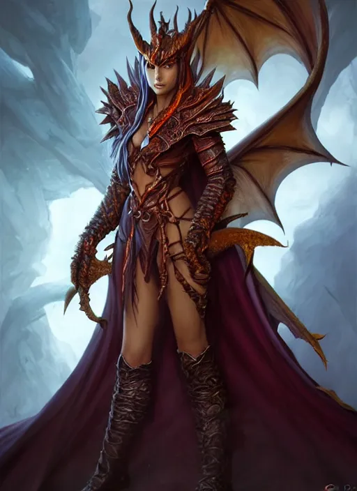 Image similar to epic dragon warlock female character design, highly detailed, glossy eyes, d & d, fantasy, highly detailed, digital painting, trending on artstation, concept art, sharp focus, holographic undertones, illustration, global illumination, ray tracing, realistic shaded, art by artgerm and greg rutkowski and fuji choko and viktoria gavrilenko and hoang lap