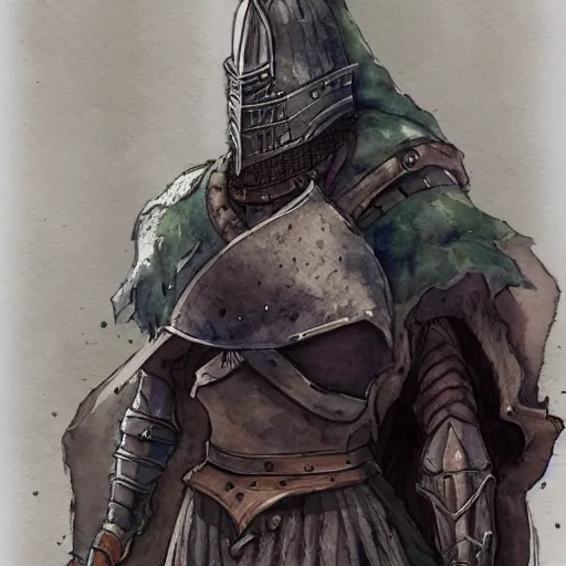 Image similar to A watercolor portrait of a character from Dark Souls, 4k, in the style of Studio Ghibli, trending on artstation, tasteful, bokeh, hyperrealistic, highly detailed, good proportions