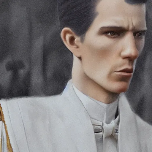 Prompt: close up of a regal prince surrounded by a crowd of angry people. the prince has sharp cheekbones, white clothes, high collar, wistful melancholic hopeful expression. super details, modern digital art, matte painting, science fiction