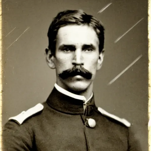 Image similar to A photograph portrait of Jerma985 with a pyramidal mustache as a soldier in the military in the mid-late 1800s, taken in the mid-late 1800s, 1860s, grainy, taken on a Field View Camera, realistic, hyperrealistic, very realistic, highly detailed, very detailed, extremely detailed, detailed, digital art, trending on artstation