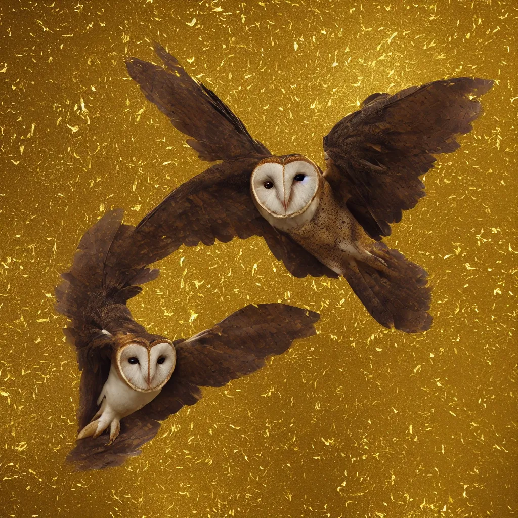 Image similar to flying barn owl with feathers made of gold leaf, losing feathers, dark forest, black background, light leaks, light bloom, octane render, dramatic action shot