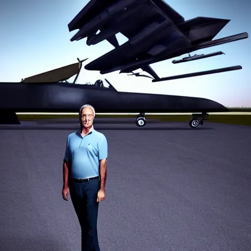 Prompt: aesthetic illustration of jeffrey epstein, wearing a dark blue polo shirt, standing near predator unmanned combat aircraft on an empty runway at dusk, cinematic lighting, high detail, volumetric lights, pinterest wallpaper, trending on artstation