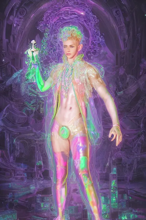 Image similar to full-body rococo and cyberpunk delicate neon crystalline sculpture of ((muscular slender albino prince Nick Jonas)) (((con la piroca dura))) as an iridescent humanoid deity wearing a thin see-through ((plastic hooded cloak)) sim roupa (holding a human skull), reclining con (((las piernas abiertas))), glowing pink face, crown of (white lasers), large diamonds, swirling black silk fabric. futuristic elements. oozing glowing liquid, full-length view. space robots. intricate artwork by caravaggio. Trending on artstation, octane render, cinematic lighting from the right, hyper realism, octane render, 8k, depth of field, 3D