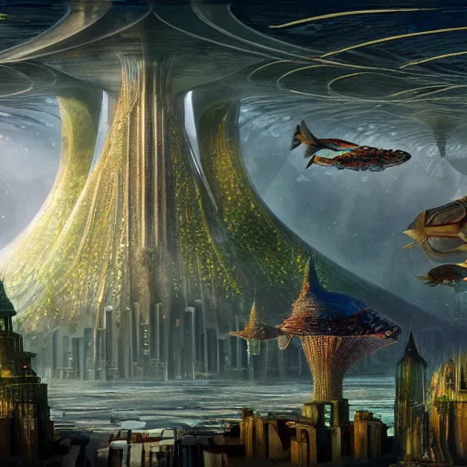 Image similar to beautiful render of underwater utopian city, by ralph horsley and viktoria gavrilenko and richard dadd and james c. christensen, grand futuristic architecture, octane render, unreal engine, cgsociety 4 k