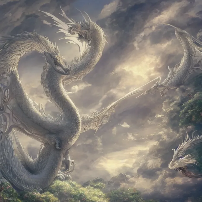 Image similar to the beautiful hyper detailed scene render that a lonely beautiful girl lies in the arms of a huge silver white dragon alone in fairyland surrounded by white clouds, finely detailed angelic face delicate, style of studio ghibli, makoto shinkai, raphael lacoste, louis comfort tiffany, artgerm, james jean, ross tran, animation style, hd, ultra wide angle
