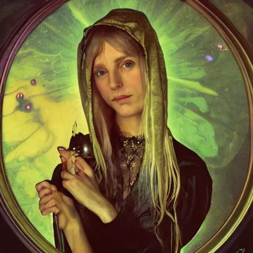 Image similar to realistic bizarre beautiful macabre portrait gothic style in style of hieronymus bosch anne stoke alphonso mucha sharp focus 8 k as a alien etherical holographic queen in an unknown planet