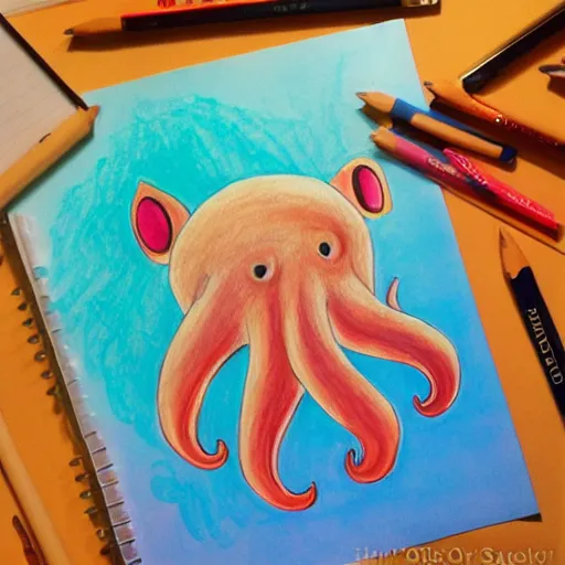 Image similar to super basic drawing of a pig - octopus, weeds, crayon on paper