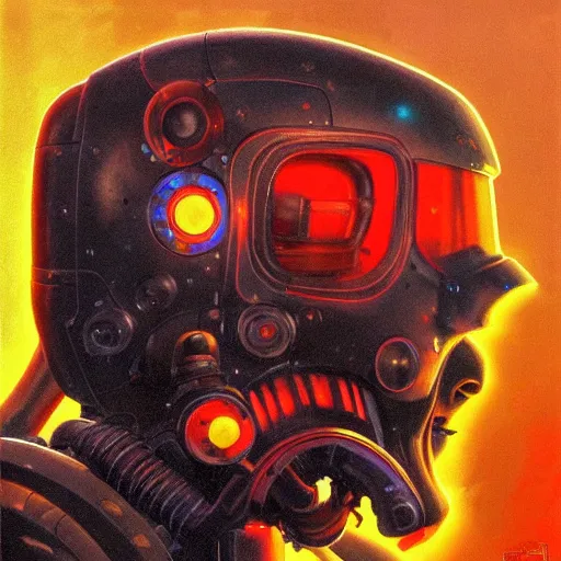 Image similar to a dark and colorful close - up side profile portrait of a sci - fi mecha robot with led lights glowing fog in the background. highly detailed science fiction painting by norman rockwell, frank frazetta, and syd mead. rich colors, high contrast, gloomy atmosphere, dark background. trending on artstation