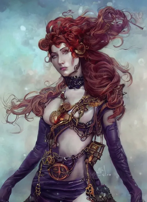 Image similar to three-quarters pose portrait of sensual Lady Mechanika, very beautiful young woman, ginger wavy hair, Intricate, steampunk imagery themed, D&D!, fantasy style, sharp focus!, ultra detailed, art by Artgerm and Peter Andrew Jones, WLUP