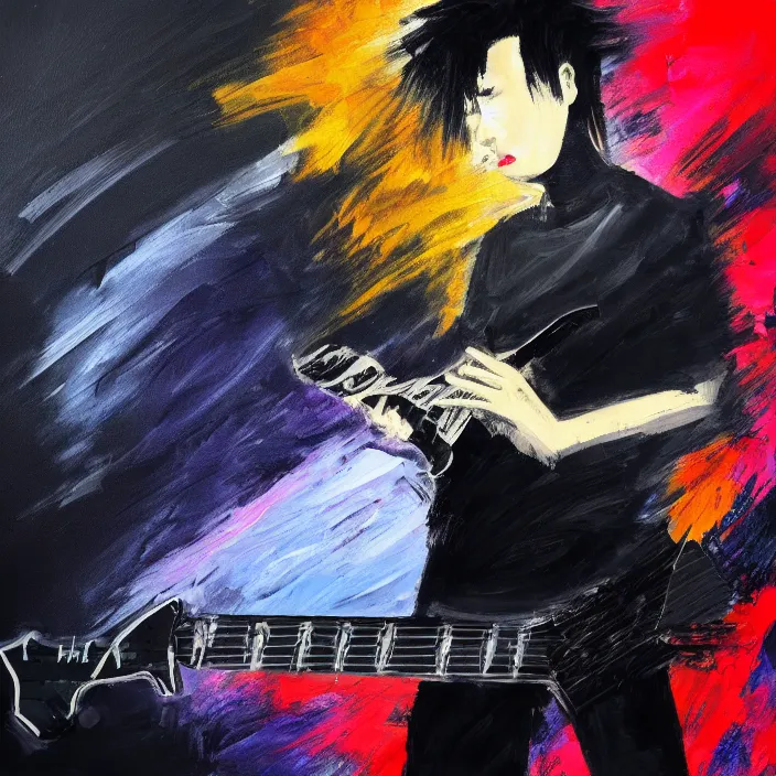 Prompt: large diagonal brush strokes, abstract dark painting of a young korean male musician wearing black tank top holding a telecaster!!! electric guitar!! in a dark room, thick flowing dramatic brush strokes, matte colors, abstract, impressionist, movement, trending on artstation