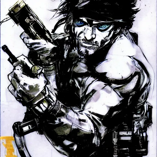 Prompt: solid snake fighting sam!!!!!! fisher!!!!!! by yoji shinkawa, concept art