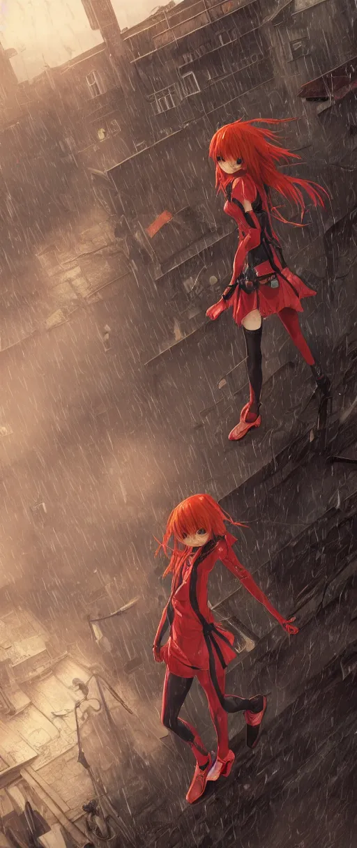 Image similar to asuka langley on a roof in a dishonored town, dunwall city, advanced digital art, dishonored aesthetic, cinematic lighting, rainy weather, melancholy atmosphere, artstation, dunwall city, gothic architecture, volumetric light, octane render, dishonored game, dishonored 1, atmosphere or depression and despair, cute anime face