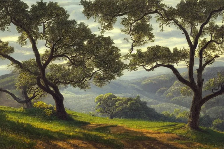 Prompt: masterpiece painting of oak trees on a hillside overlooking a creek, dramatic lighting, by charles santore