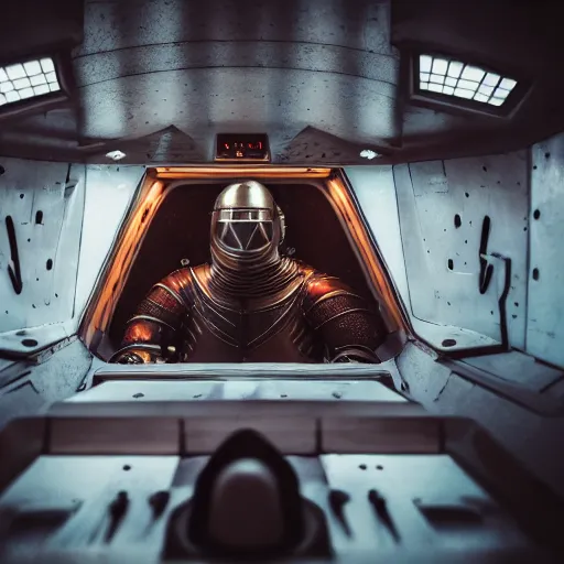 Prompt: a man wearing medieval knights armor sits in a spaceship, photography, movie still, dslr 5 5 mm, 4 k