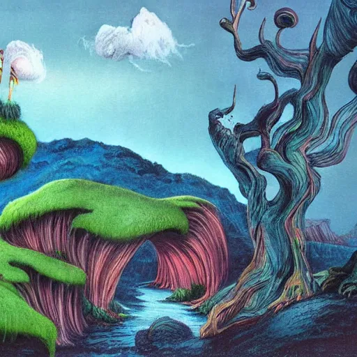 Image similar to fantasy painting of a landscape by dr seuss | horror themed | creepy