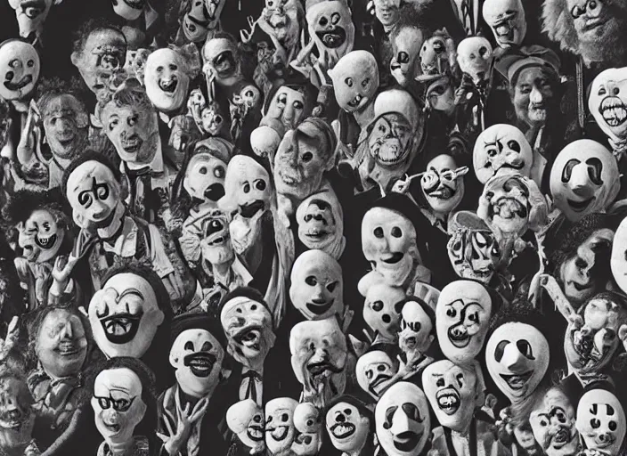 Image similar to Macro closeup photograph of Clown World, photograph by Grant Wood and Robert Crumb