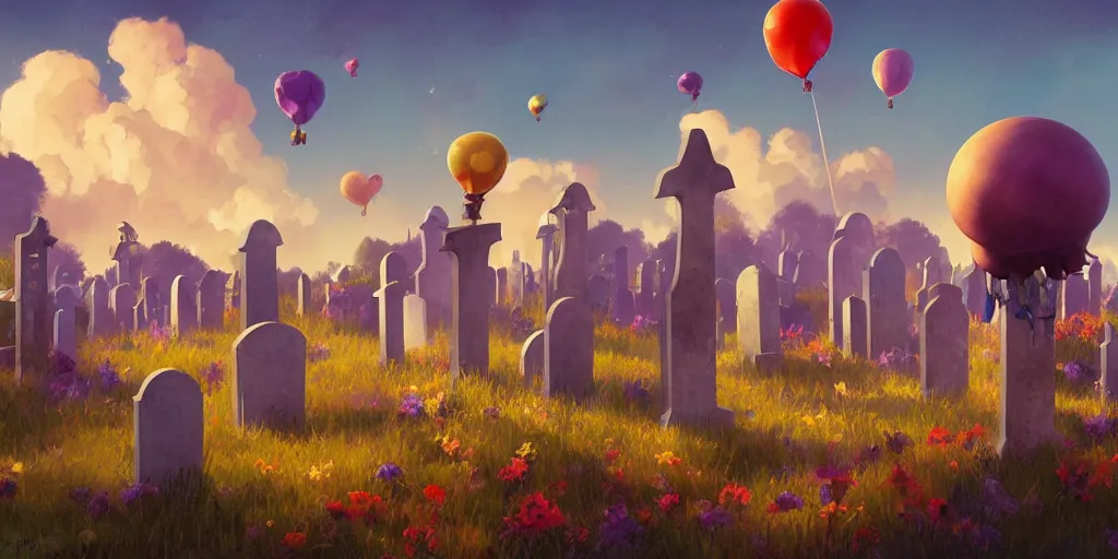 Prompt: graveyard with tombstones, balloon-skulls in shape of skulls, cheerful vibrant sky, by Pixar and Craig Mullins