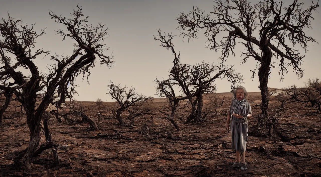 Prompt: full shot of a 65-year-old Gaia, crying emotionless, facing the camera and standing in front of a dried up river in a desolate land, dead trees, blue sky, hot and sunny, highly-detailed, elegant, dramatic lighting, artstation, 4k, cinematic landscape, photograph by Elisabeth Gadd