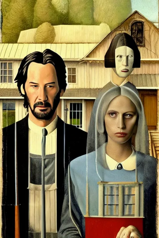 Image similar to painting of Keanu Reeves and Lady Gaga as the couple in American Gothic in the style of Grant Wood