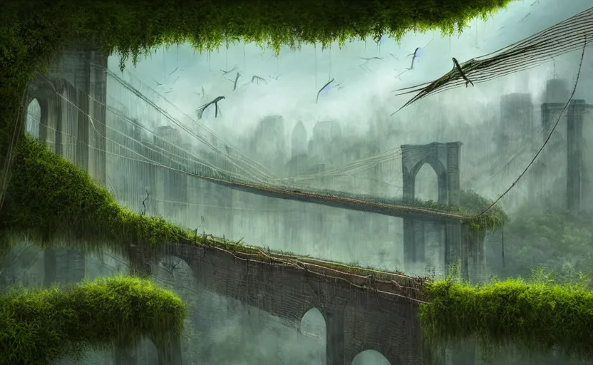 Image similar to an epic landscape view of vines and moss growing on the brooklyn bridge, moss, jungle, with pterosaurs flying, close - up, low angle, wide angle, atmospheric, volumetric lighting, cinematic, very realistic, sharp, highly detailed digital art, painted by tyler edlin