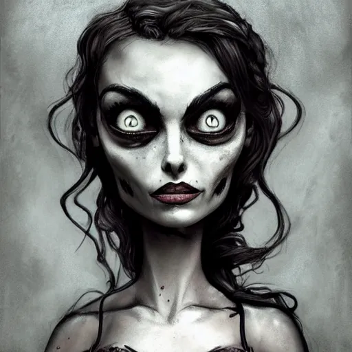 Image similar to michael karcz grunge drawing of margot robbie. , in the style of corpse bride, loony toons style, horror themed, detailed, elegant, intricate, trending on artstation, 4k