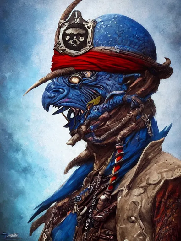 Prompt: art portrait of blue Dragonborn pirate,by tristan eaton,Stanley Artgermm,Tom Bagshaw,Greg Rutkowski,Carne Griffiths,trending on DeviantArt,face enhance,minimalist, dungeons and dragons,full of colour,