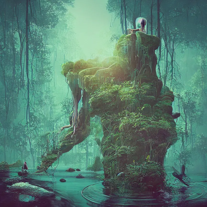 Image similar to tranquil queen submerging wisdom in the ecosystem acrylic painting by Beeple and CGSociety