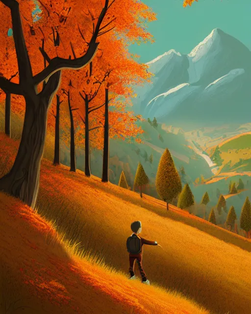 Image similar to autumn hillside boy hiking illustration detailed, by quentin mabille