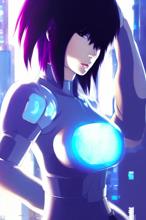 Image similar to a still fullbody portrait of motoko kusanagi ghost in the shell, finely detailed features, closeup at the faces, perfect art, at a cyberpunk city, gapmoe yandere grimdark, trending on pixiv fanbox, by ilya kuvshinov, rossdraws, artgerm