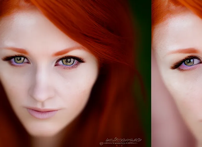 Image similar to 5 5 mm portrait photo of a redhead woman's face with ( intricate cat eyes )!!. highly detailed 8 k. intricate. lifelike. soft light. nikom d 8 5 0. cinematic post - processing