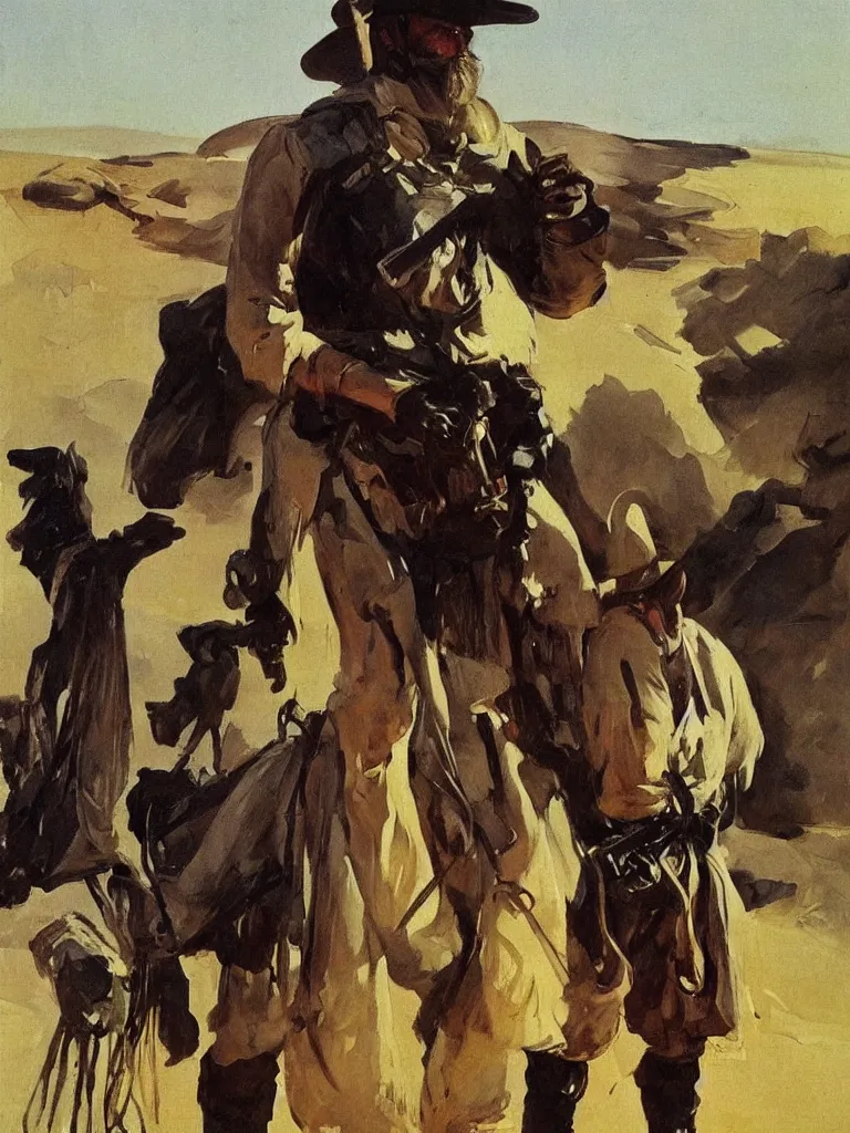 Image similar to a filmmaker cowboy dressed in ned kelly iron chicken armour, character design painted by sorolla and anders zorn