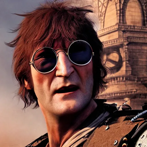 Image similar to john lennon as a mad max villain, ultra realistic, concept art, intricate details, highly detailed, photorealistic, octane render, 8 k, unreal engine, art by frank frazetta, simon bisley, brom